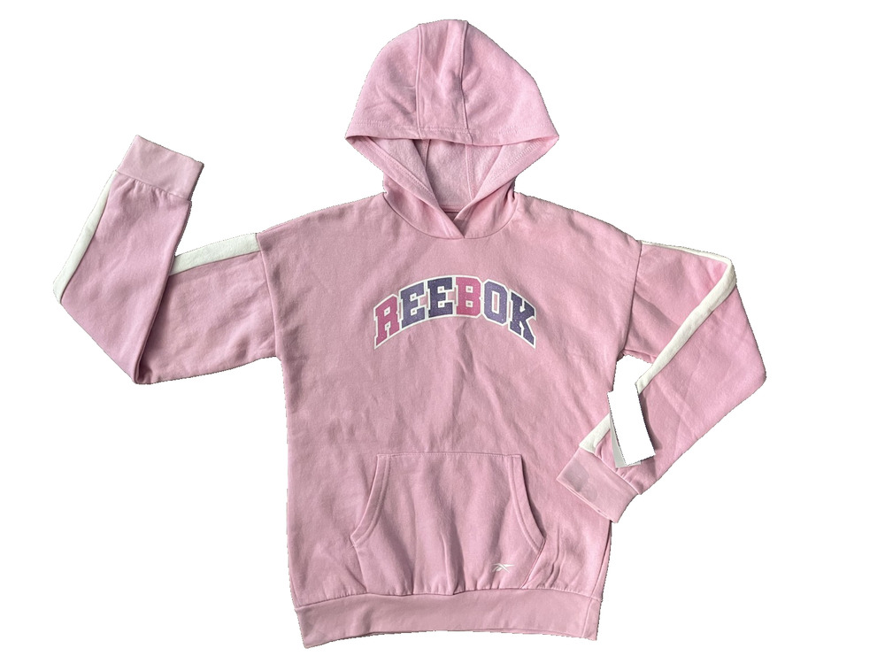 Juniors Girls NWT Reebok Size XL (14-16) Pink Hoodie Glittery Logo White Stripe